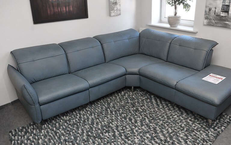 Ecksofa mit motorischer Relaxfunktion, Leder greyblue